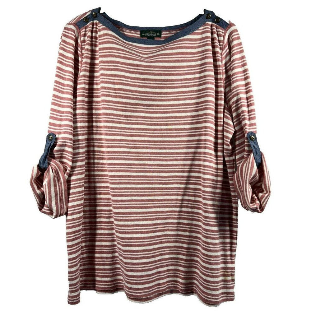 LRL Lauren Jeans Co‎ Women's Top Size XL Stripe Pullover Roll Tab 3/4 Sleeves